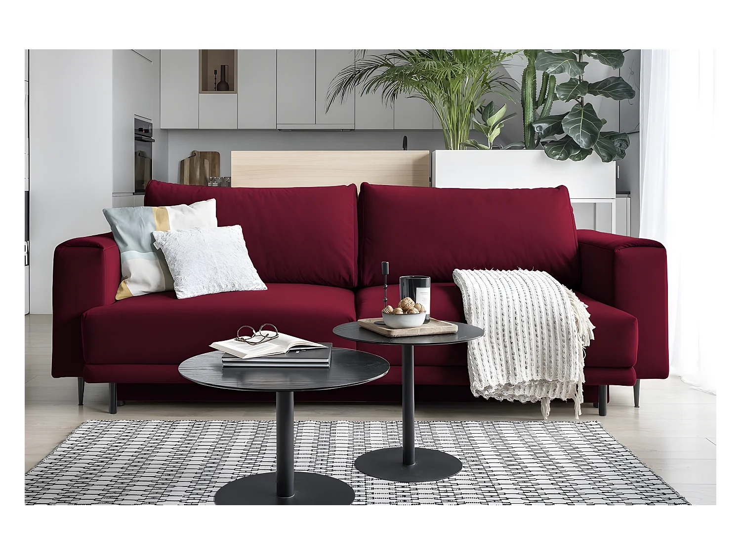 Canapé 3/4 places convertible et espace de rangement - Rouge - en tissu de qualité, DANY