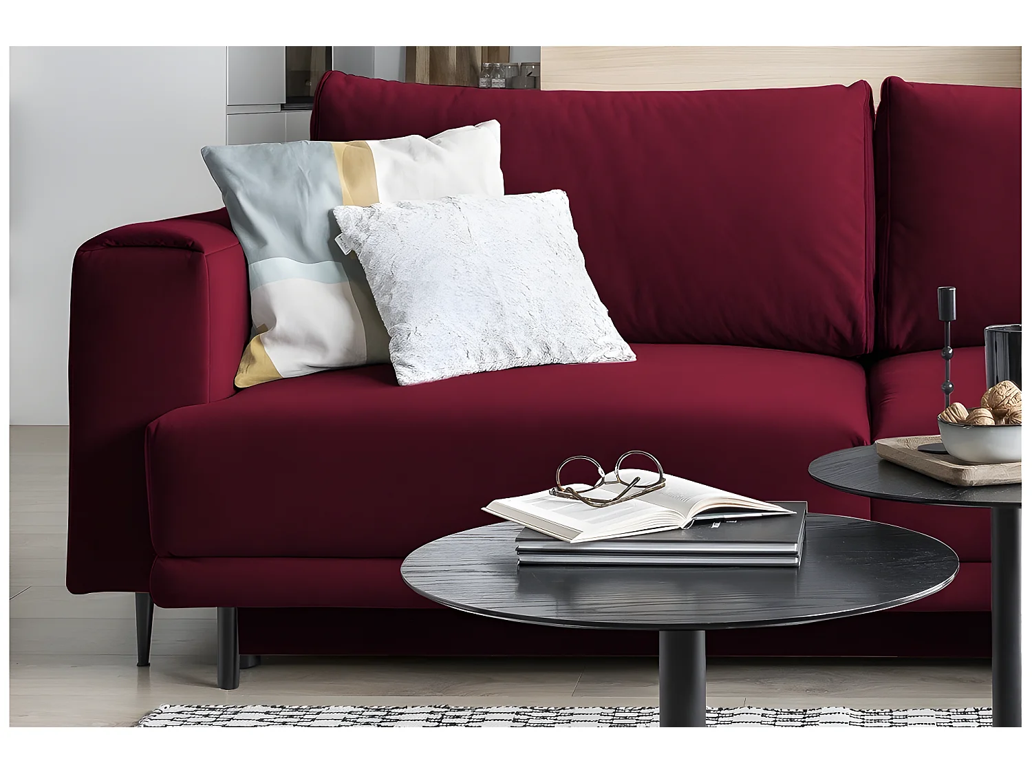 Canapé 3/4 places convertible et espace de rangement - Rouge - en tissu de qualité, DANY