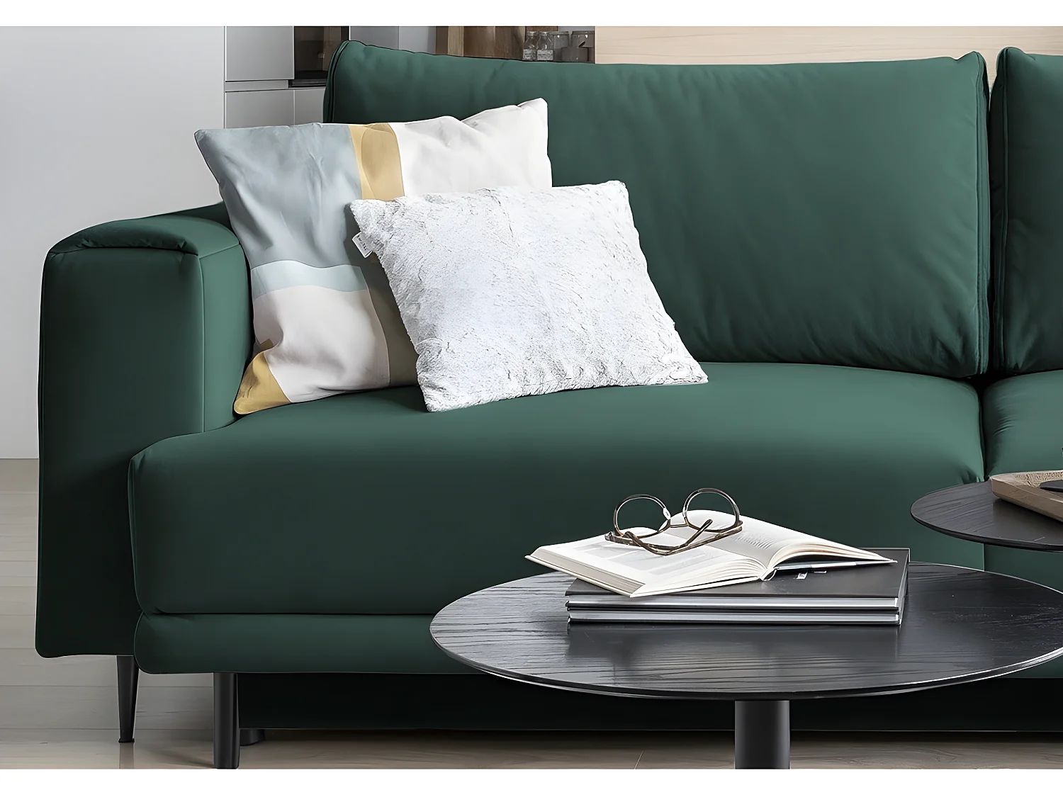 Canapé 3/4 places convertible et espace de rangement - Vert - en tissu de qualité, DANY