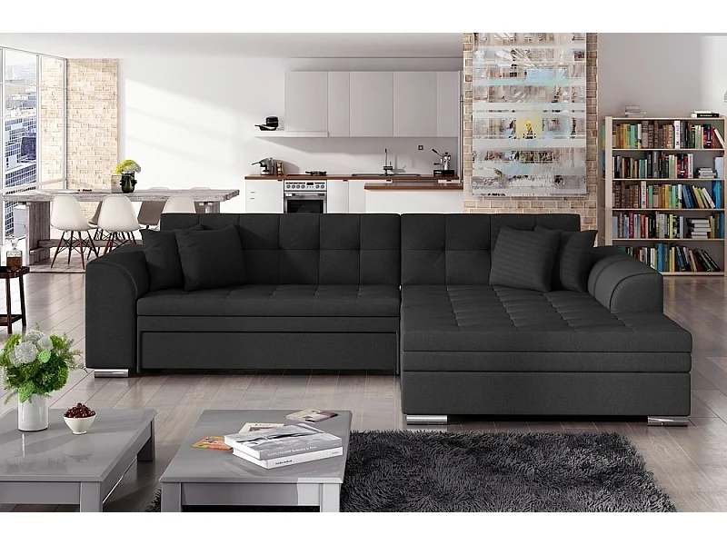 Canapé d'angle convertible, SOHO, en tissu de qualité, noir, 5/6 places, angle droit (vu de face)