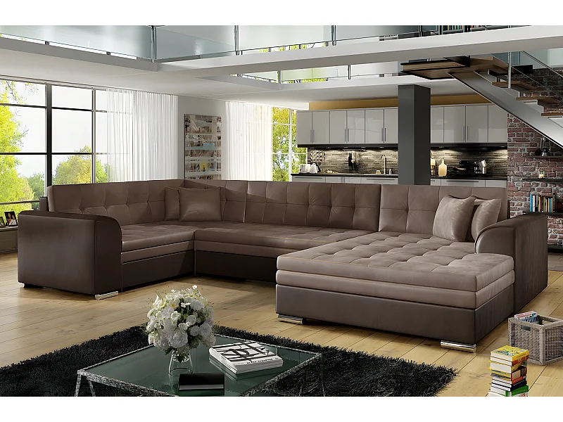 Canapé panoramique convertible - DAMIEN VELOURS - en tissu marron clair marron foncé de qualité,  7 places, méridienne à droite et angle à gauche (vu de face)