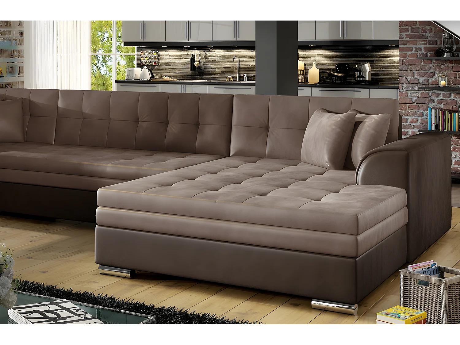 Canapé panoramique convertible - DAMIEN VELOURS - en tissu marron clair marron foncé de qualité,  7 places, méridienne à droite et angle à gauche (vu de face)