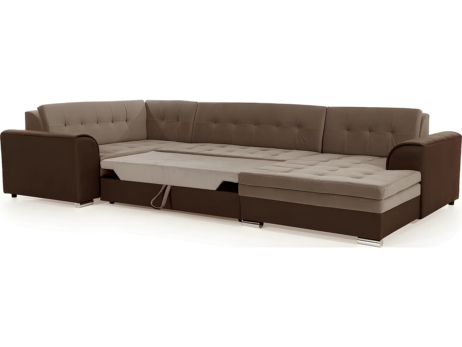 Canapé panoramique convertible - DAMIEN VELOURS - en tissu marron clair marron foncé de qualité,  7 places, méridienne à droite et angle à gauche (vu de face)