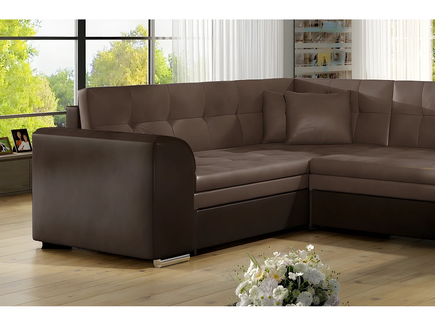 Canapé panoramique convertible - DAMIEN VELOURS - en tissu marron clair marron foncé de qualité,  7 places, méridienne à droite et angle à gauche (vu de face)