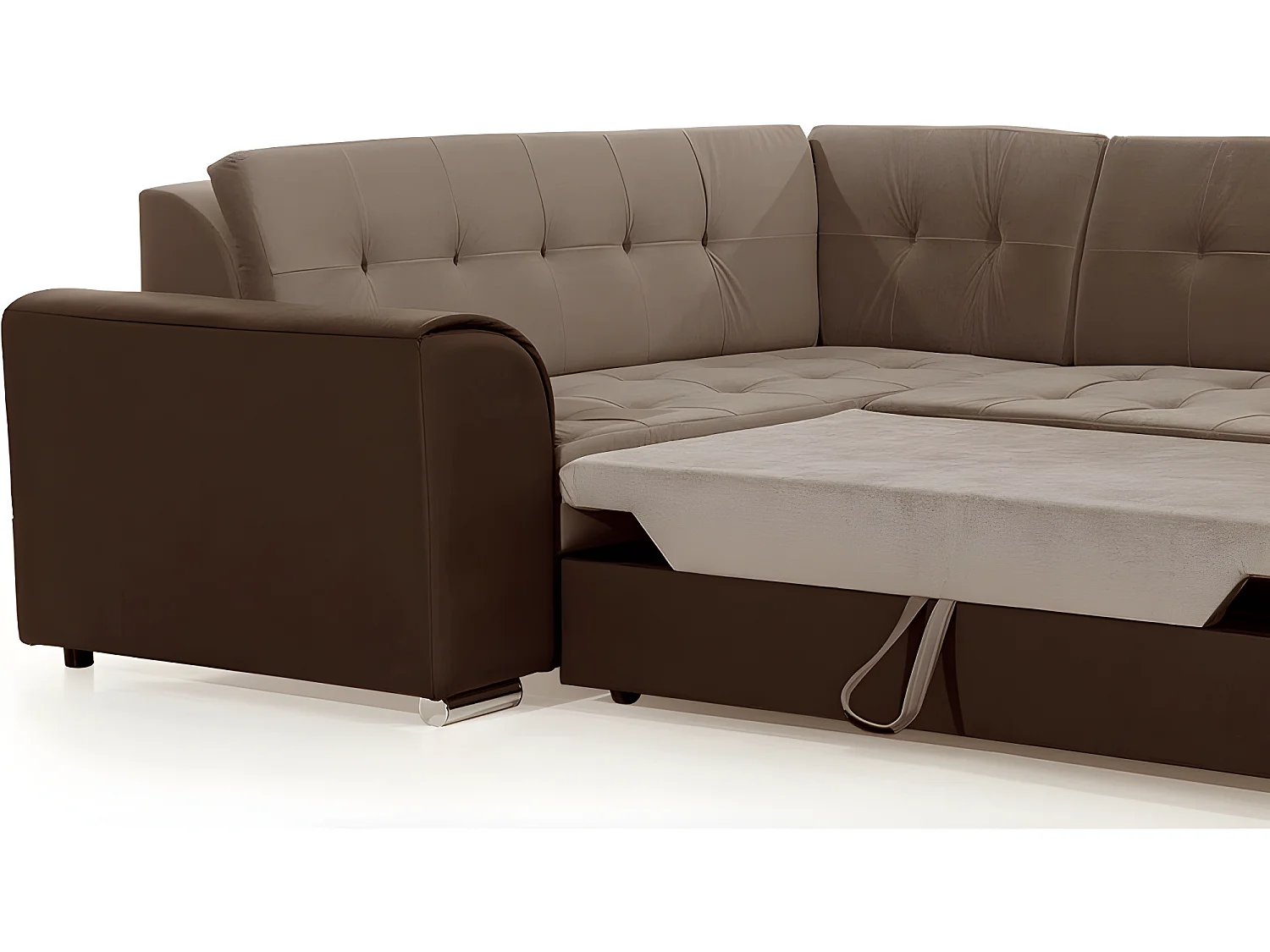 Canapé panoramique convertible - DAMIEN VELOURS - en tissu marron clair marron foncé de qualité,  7 places, méridienne à droite et angle à gauche (vu de face)