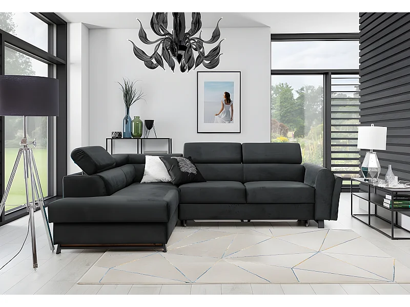 Canapé d'angle convertible - KARL VELOURS - en tissu prestige - 5 places, gris anthracite, angle gauche (vu de face)