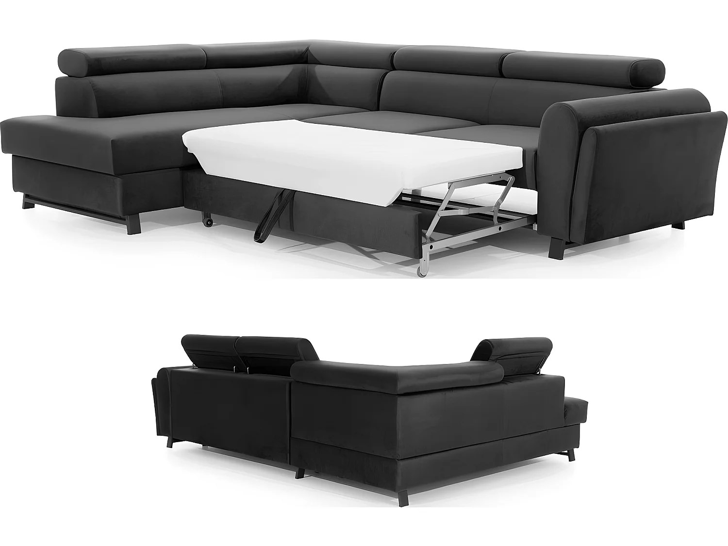 Canapé d'angle convertible - KARL VELOURS - en tissu prestige - 5 places, gris anthracite, angle gauche (vu de face)