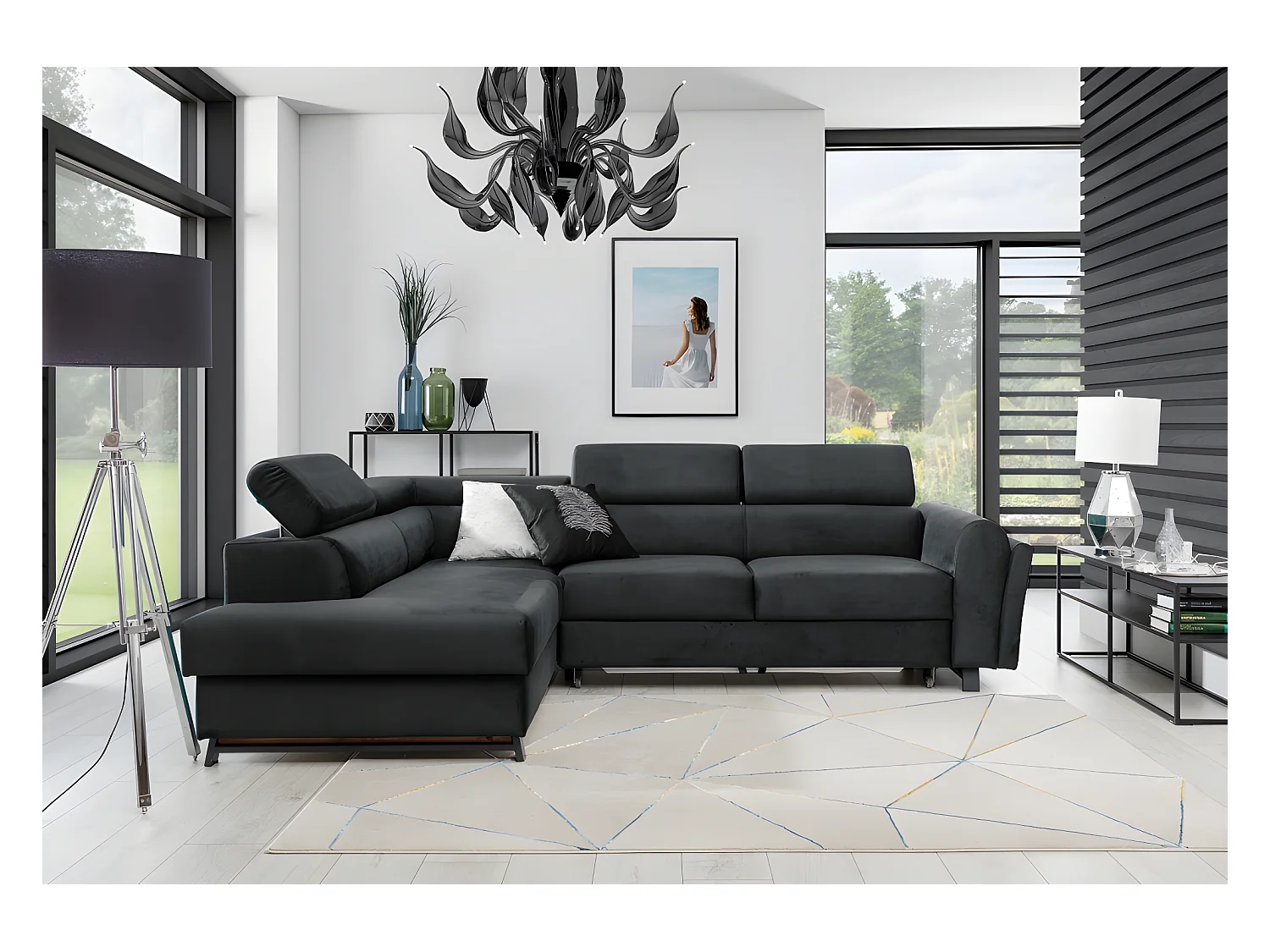 Canapé d'angle convertible - KARL VELOURS - en tissu prestige - 5 places, gris anthracite, angle gauche (vu de face)