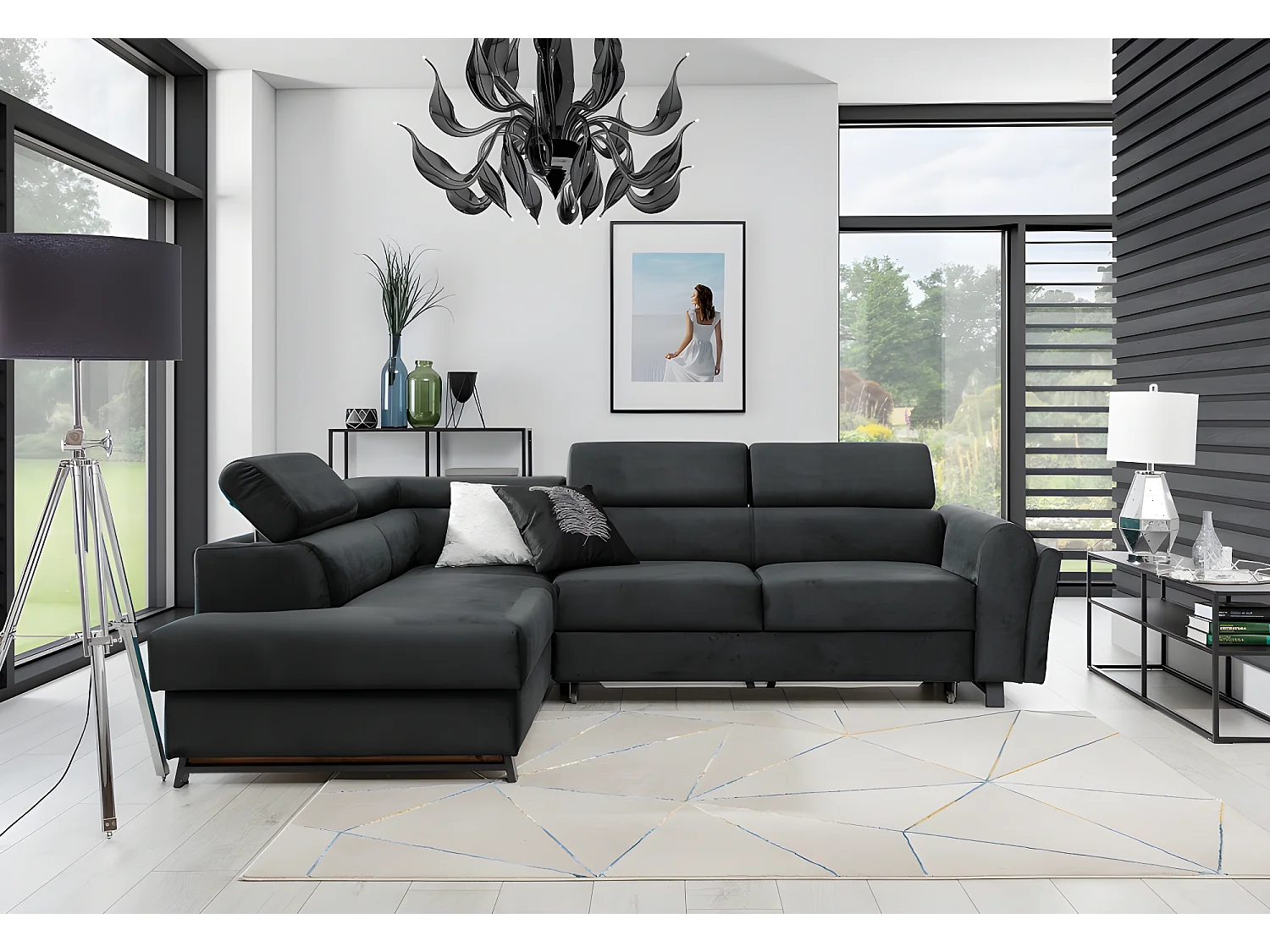 Canapé d'angle convertible - KARL VELOURS - en tissu prestige - 5 places, gris anthracite, angle gauche (vu de face)