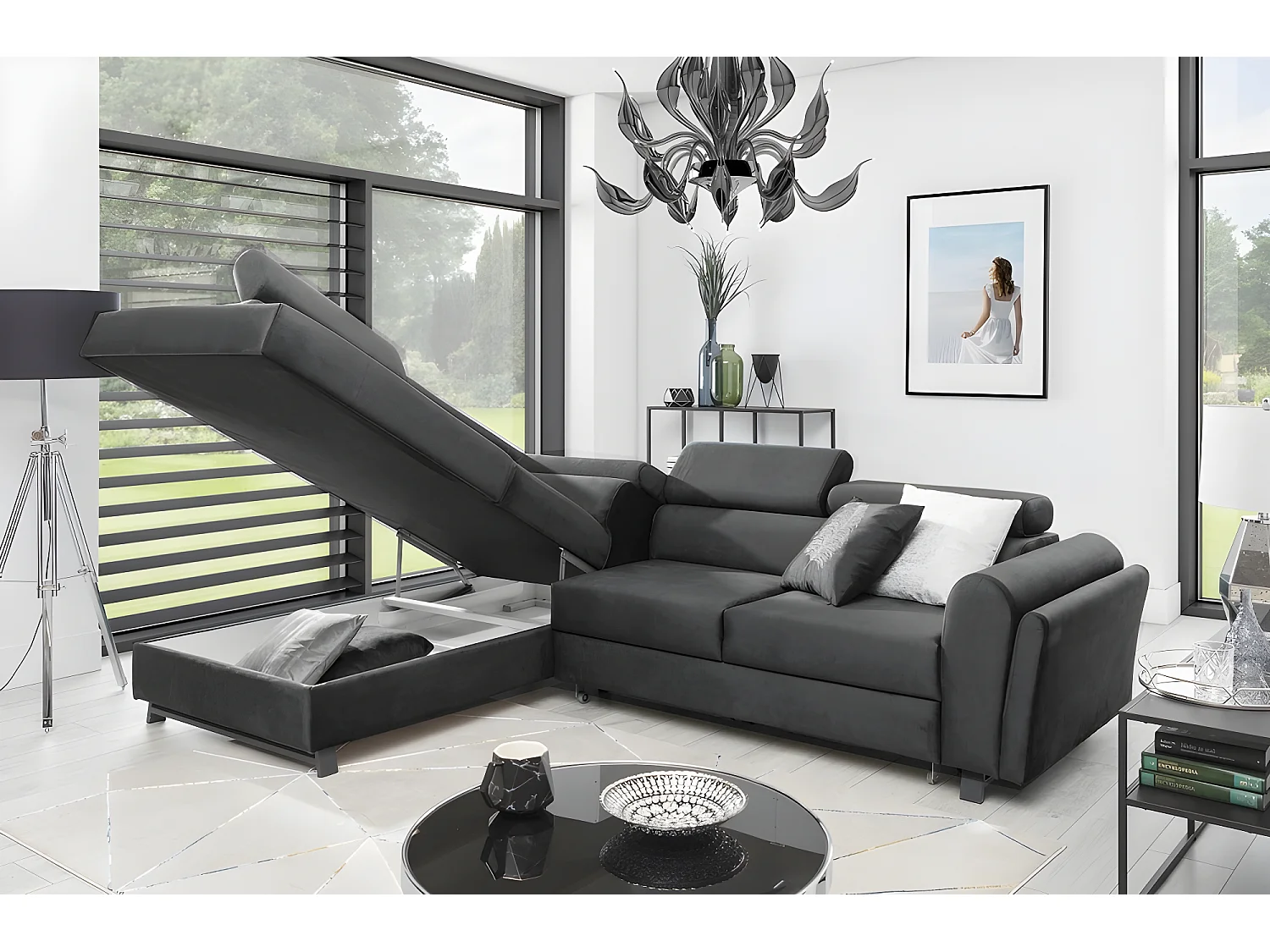 Canapé d'angle convertible - KARL VELOURS - en tissu prestige - 5 places, gris anthracite, angle gauche (vu de face)