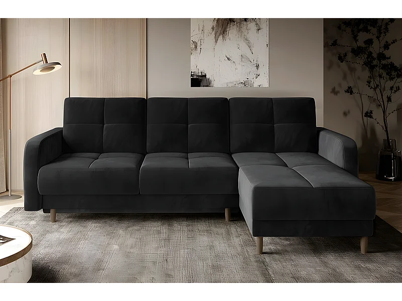 Hoekbank van zwarte fluwelen stof met opbergruimte en slaapplaats 215x120 cm - ROXANE VELOURS