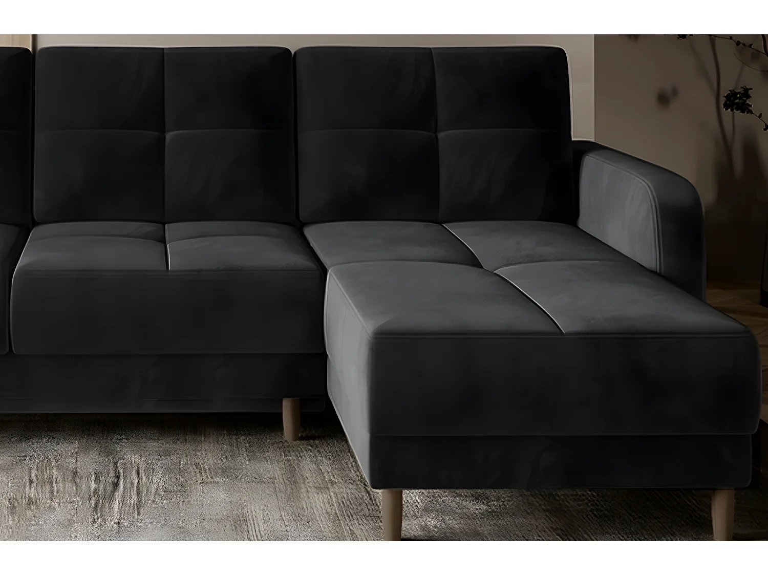 Canapé d'angle convertible en tissu velours luxe, rangement - noir, angle droit(vu de face), ROXANE VELOURS