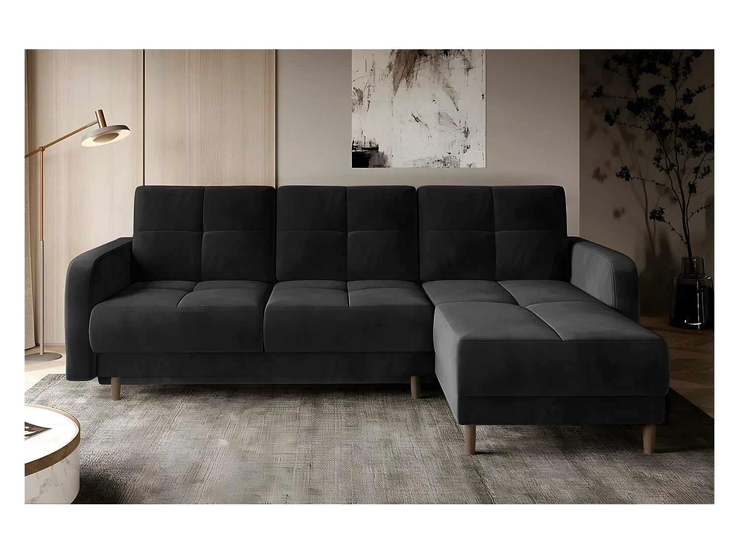 Canapé d'angle convertible en tissu velours luxe, rangement - noir, angle droit(vu de face), ROXANE VELOURS