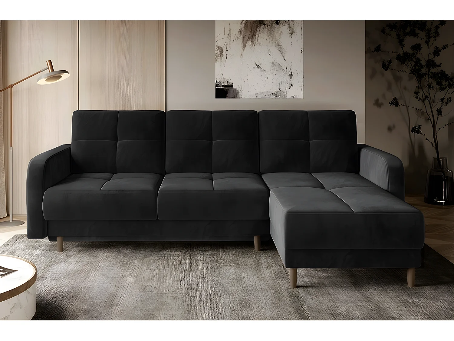 Canapé d'angle convertible en tissu velours luxe, rangement - noir, angle droit(vu de face), ROXANE VELOURS