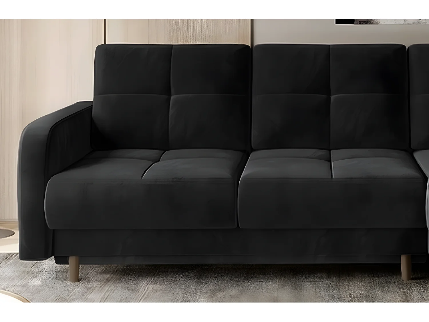 Canapé d'angle convertible en tissu velours luxe, rangement - noir, angle droit(vu de face), ROXANE VELOURS