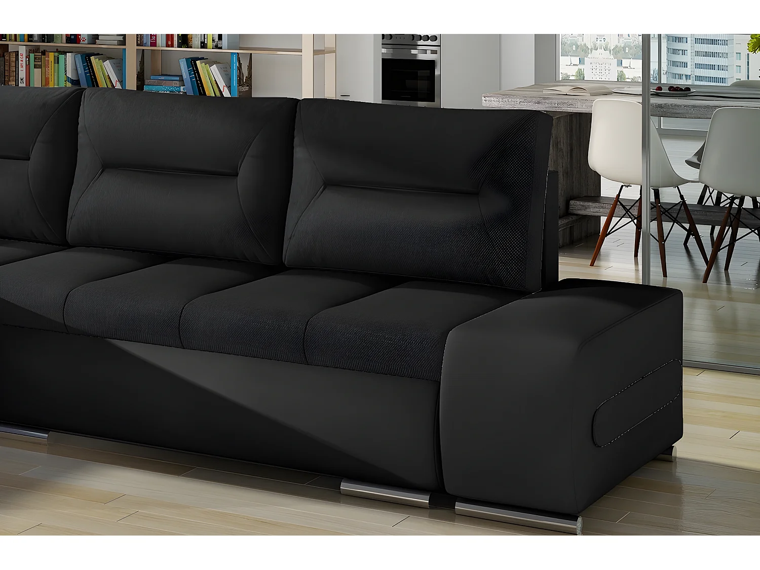 Canapé d'angle convertible en tissu luxe noir et simili cuir noir, 5 places, angle gauche (vu de face) - OTELLO