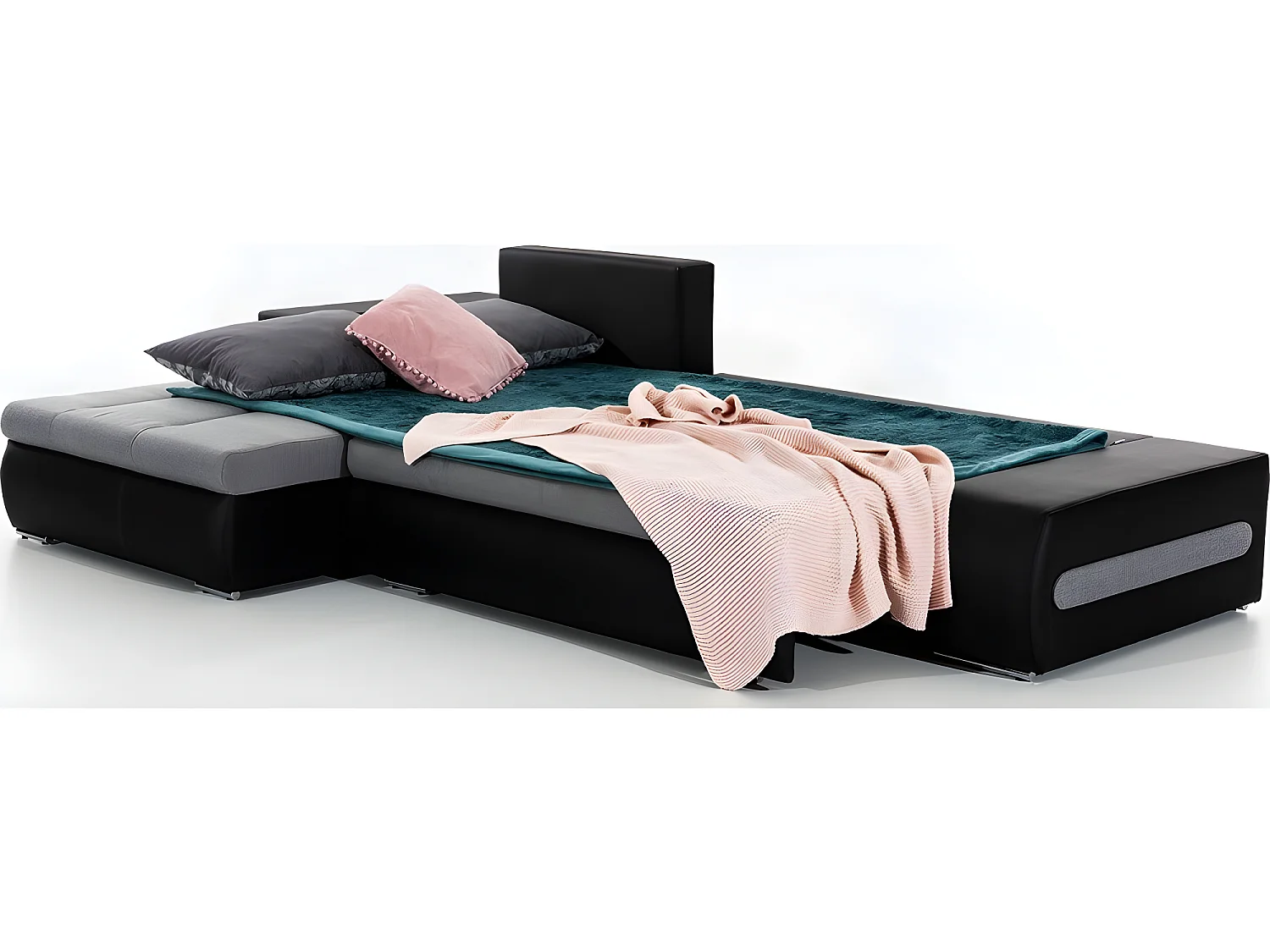 Canapé d'angle convertible en tissu luxe noir et simili cuir noir, 5 places, angle gauche (vu de face) - OTELLO