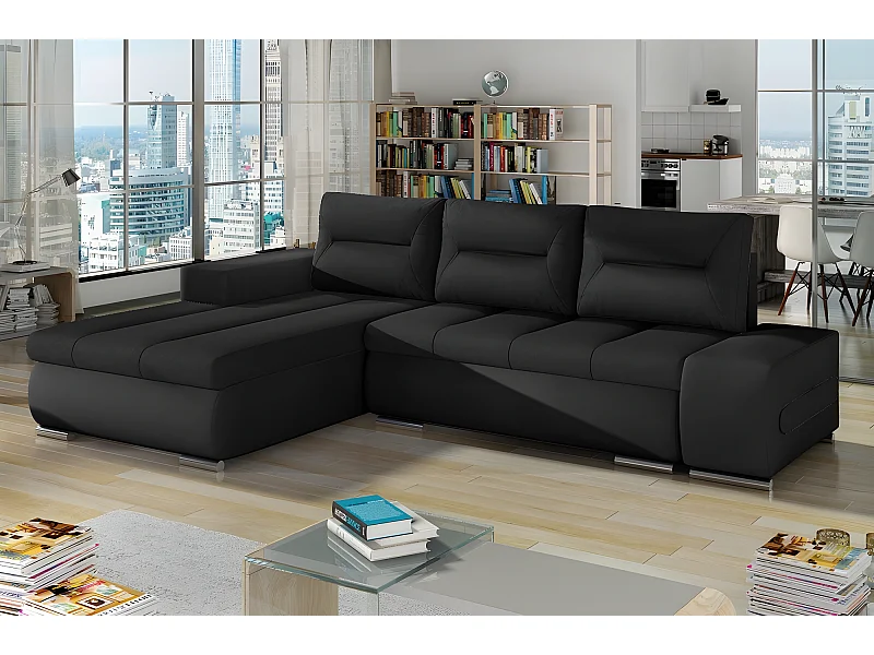 Canapé d'angle convertible en tissu luxe noir et simili cuir noir, 5 places, angle gauche (vu de face) - OTELLO