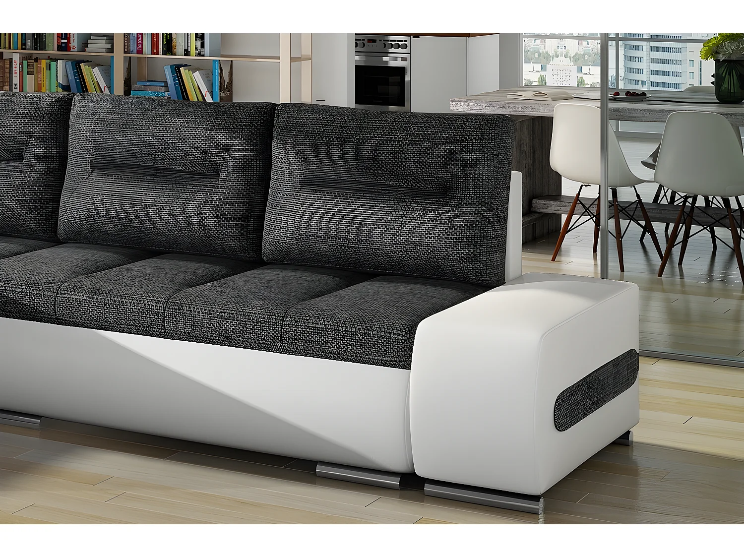 Canapé d'angle convertible en tissu luxe gris foncé et simili cuir blanc, 5 places, angle gauche (vu de face) - OTELLO