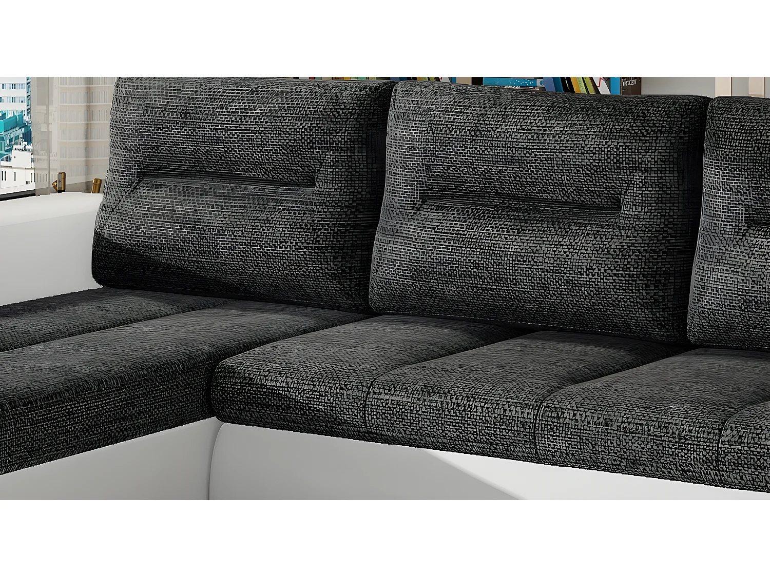 Canapé d'angle convertible en tissu luxe gris foncé et simili cuir blanc, 5 places, angle gauche (vu de face) - OTELLO