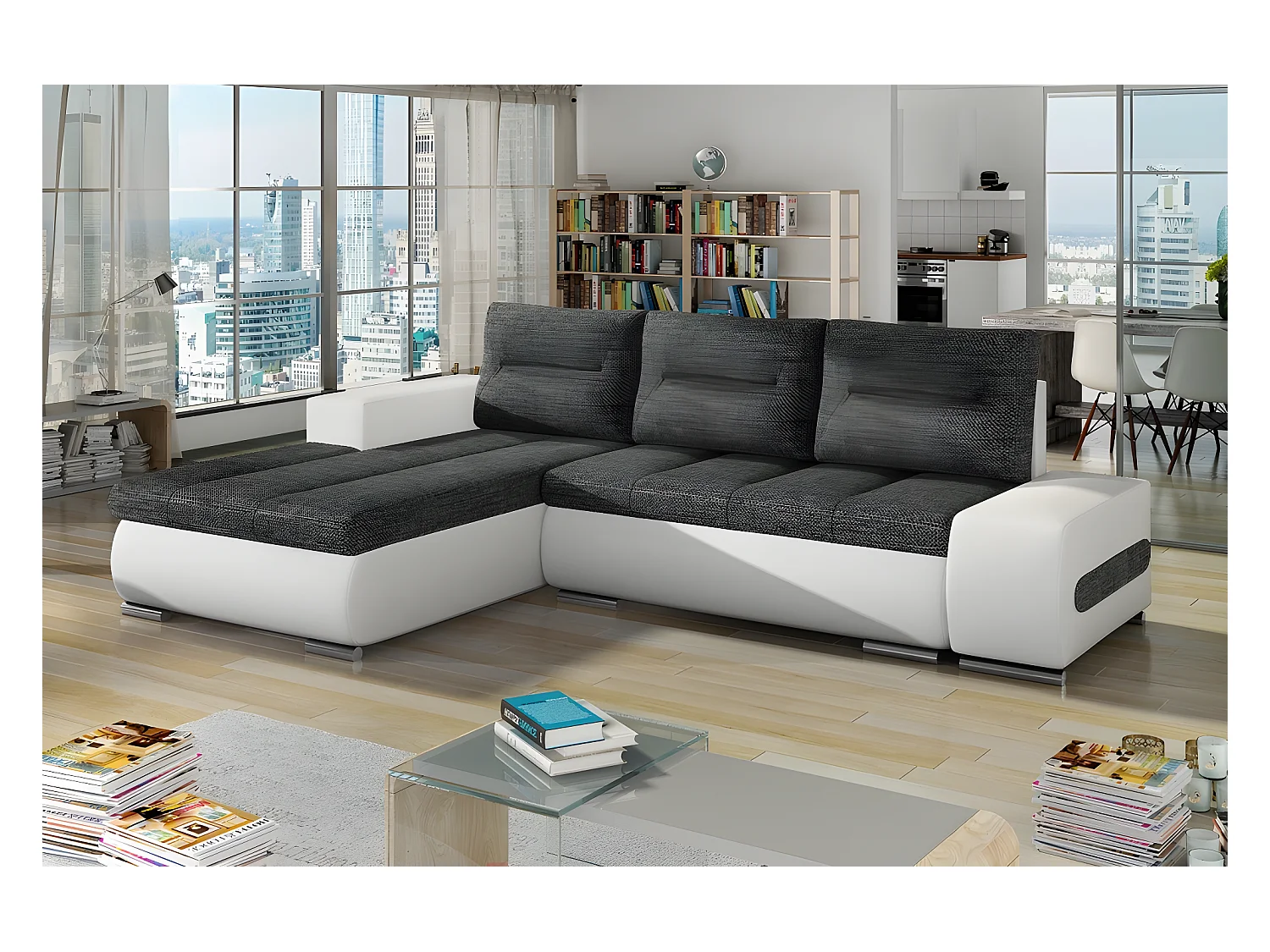 Canapé d'angle convertible en tissu luxe gris foncé et simili cuir blanc, 5 places, angle gauche (vu de face) - OTELLO
