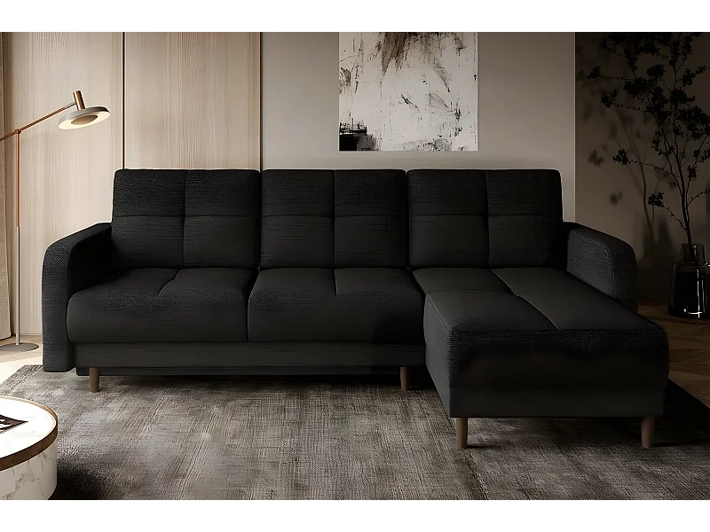 Canapé d'angle convertible en tissu luxe, rangement - noir, angle droit (vu de face), ROXANE