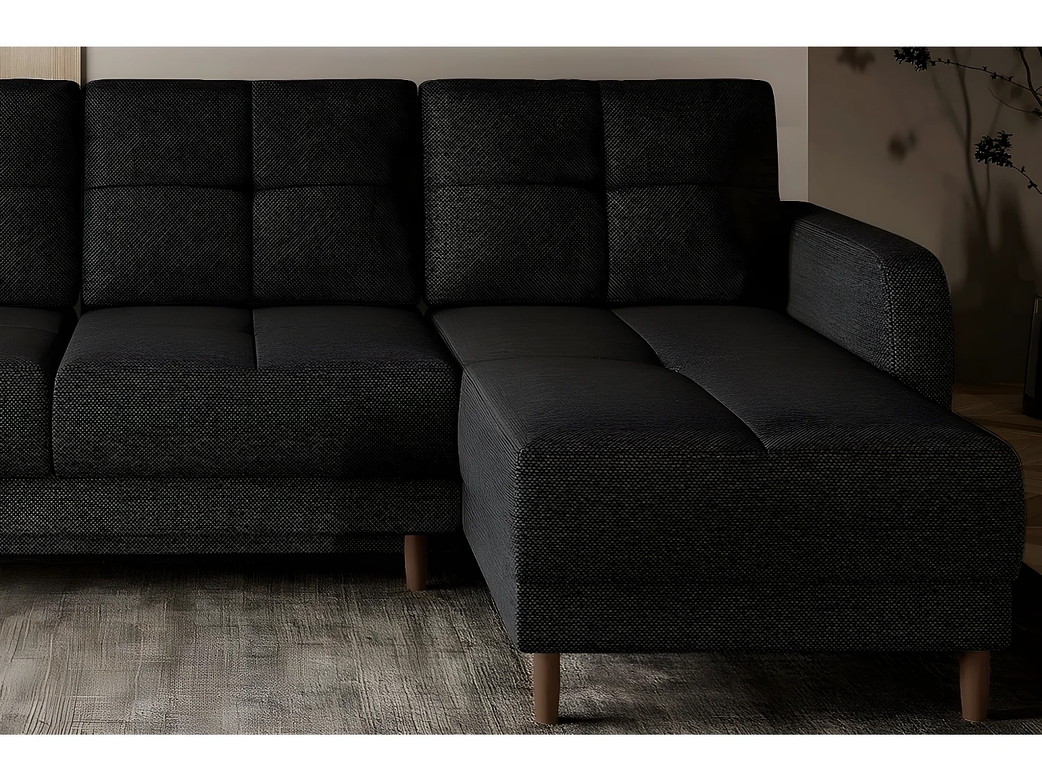 Canapé d'angle convertible en tissu luxe, rangement - noir, angle droit (vu de face), ROXANE