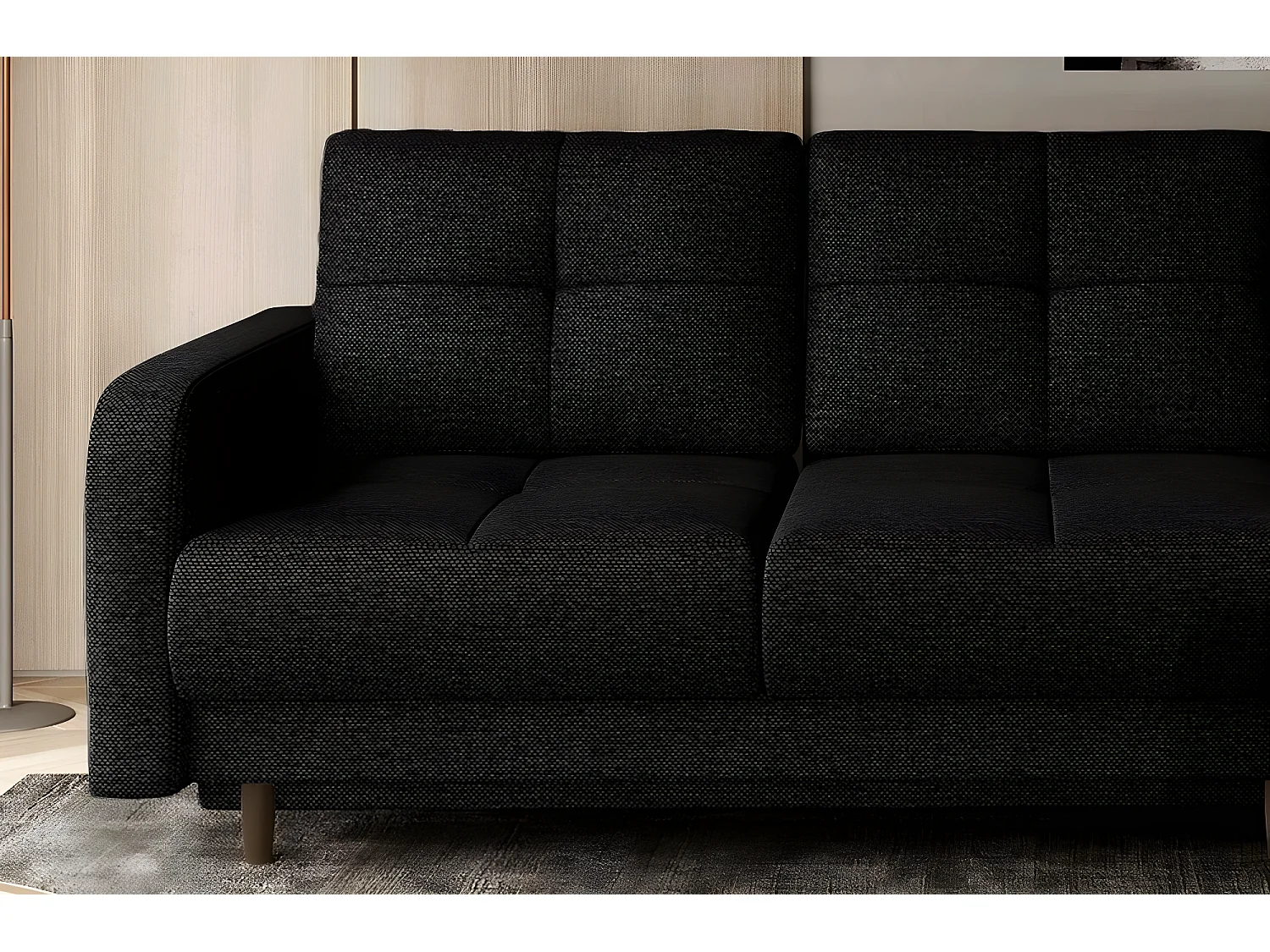 Canapé d'angle convertible en tissu luxe, rangement - noir, angle droit (vu de face), ROXANE