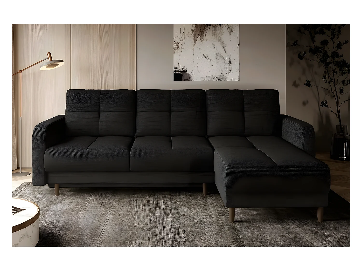 Canapé d'angle convertible en tissu luxe, rangement - noir, angle droit (vu de face), ROXANE