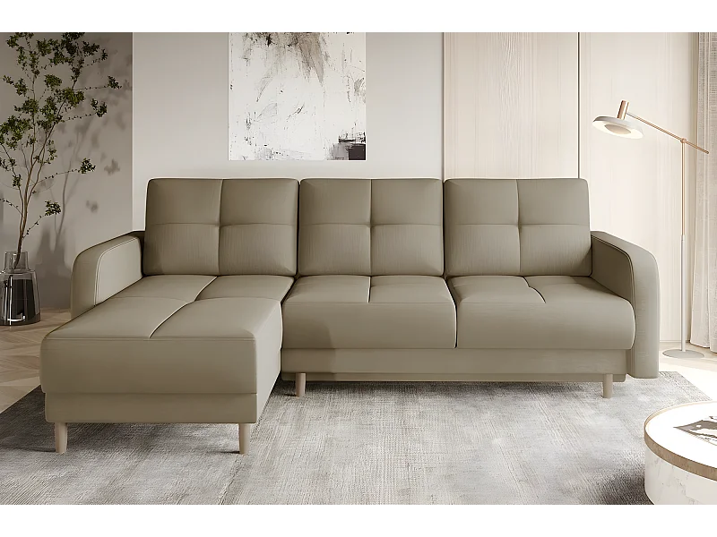 Canapé d'angle convertible en tissu velours luxe, rangement - BEIGE, angle gauche (vu de face), ROXANE VELOURS