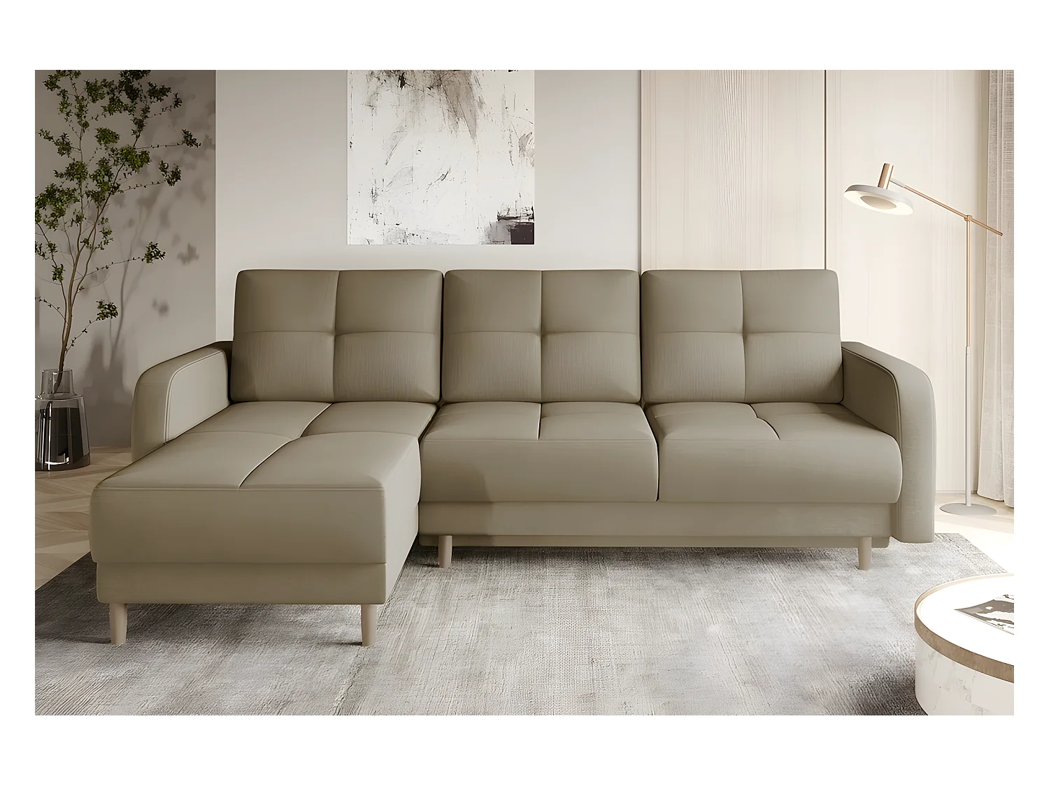 Canapé d'angle convertible en tissu velours luxe, rangement - BEIGE, angle gauche (vu de face), ROXANE VELOURS