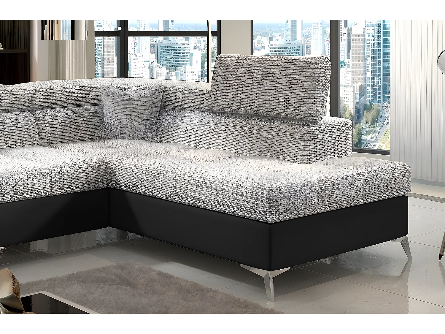 Canapé d'angle convertible - ERMAN - en tissu et simili 5 places, gris et noir, angle droit (vu de face)