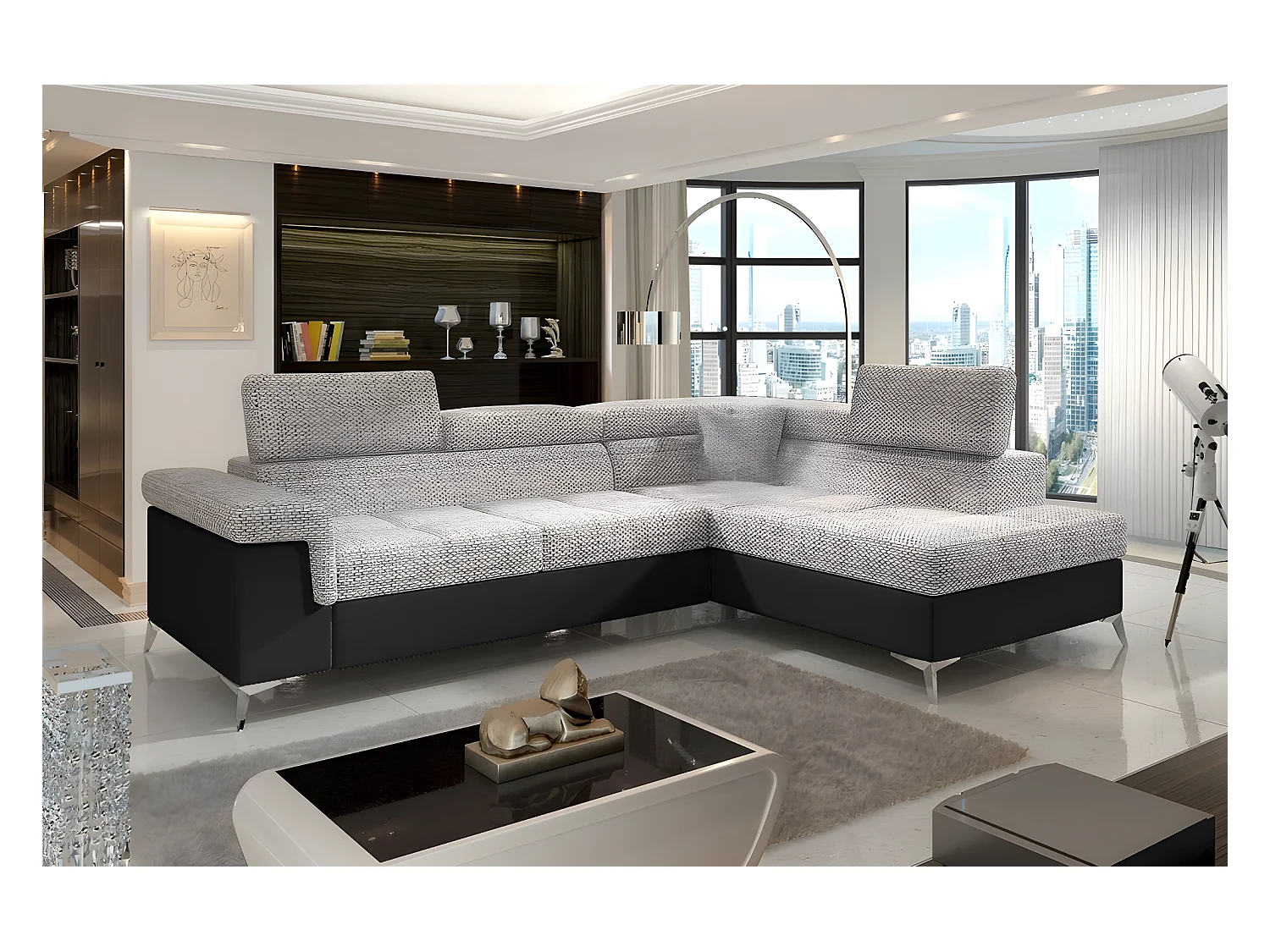 Canapé d'angle convertible - ERMAN - en tissu et simili 5 places, gris et noir, angle droit (vu de face)