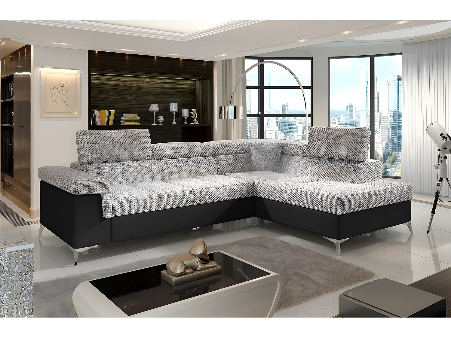 Canapé d'angle convertible - ERMAN - en tissu et simili 5 places, gris et noir, angle droit (vu de face)