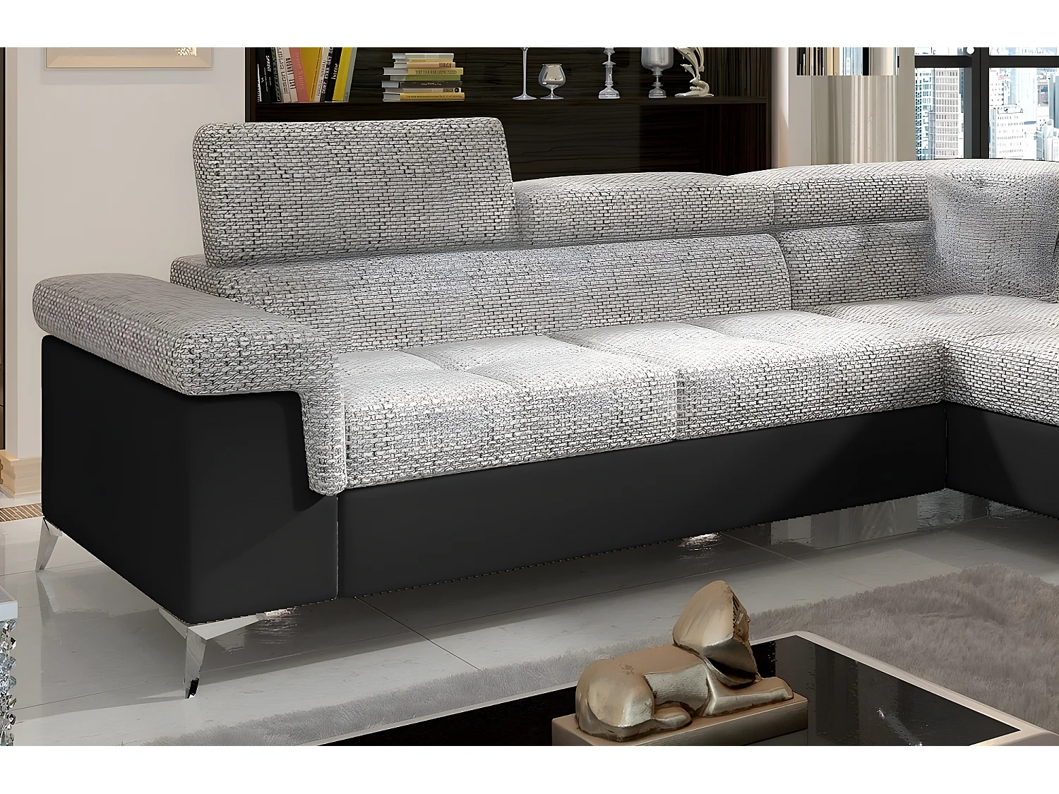 Canapé d'angle convertible - ERMAN - en tissu et simili 5 places, gris et noir, angle droit (vu de face)