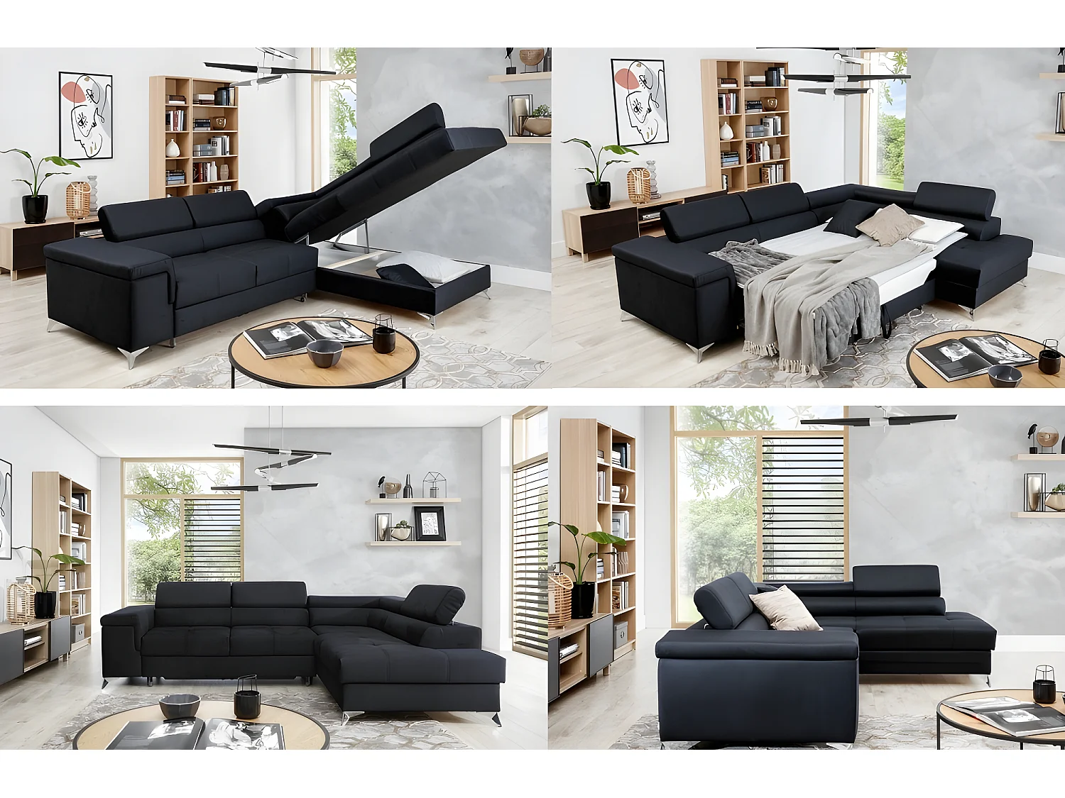 Canapé d'angle convertible - ERMAN - en tissu et simili 5 places, gris et noir, angle droit (vu de face)