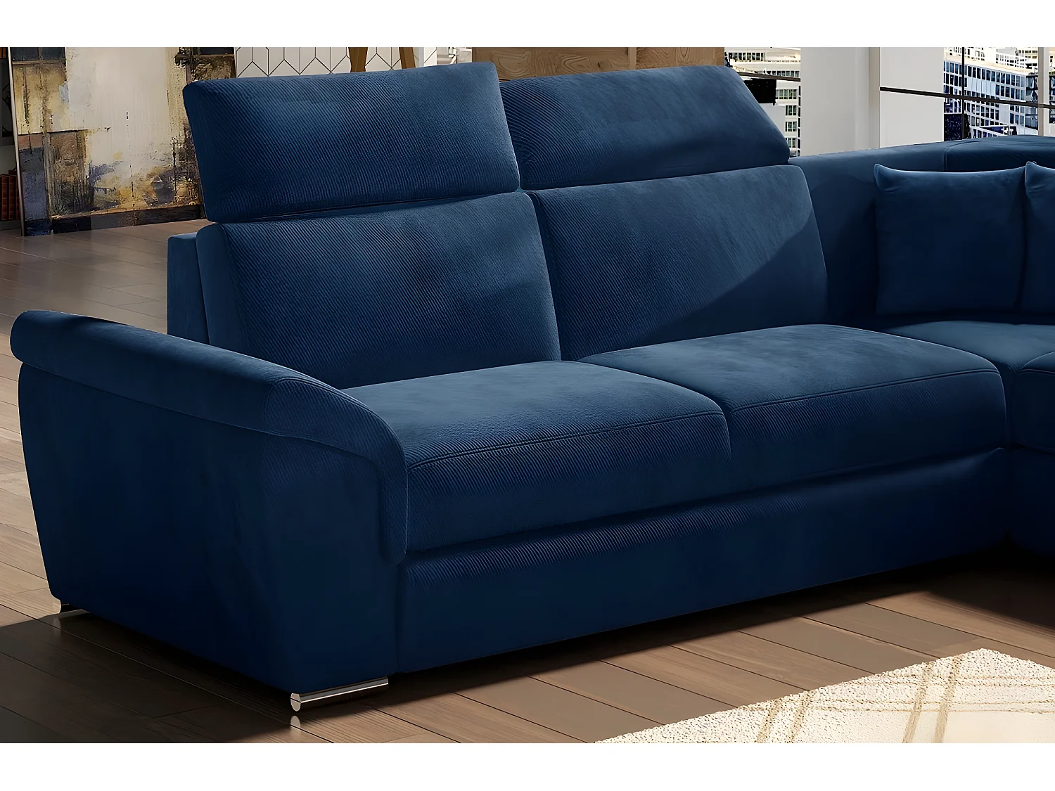 Canapé d'angle convertible - FELIPE VELOURS - en tissu luxe bleu, 5/6 places