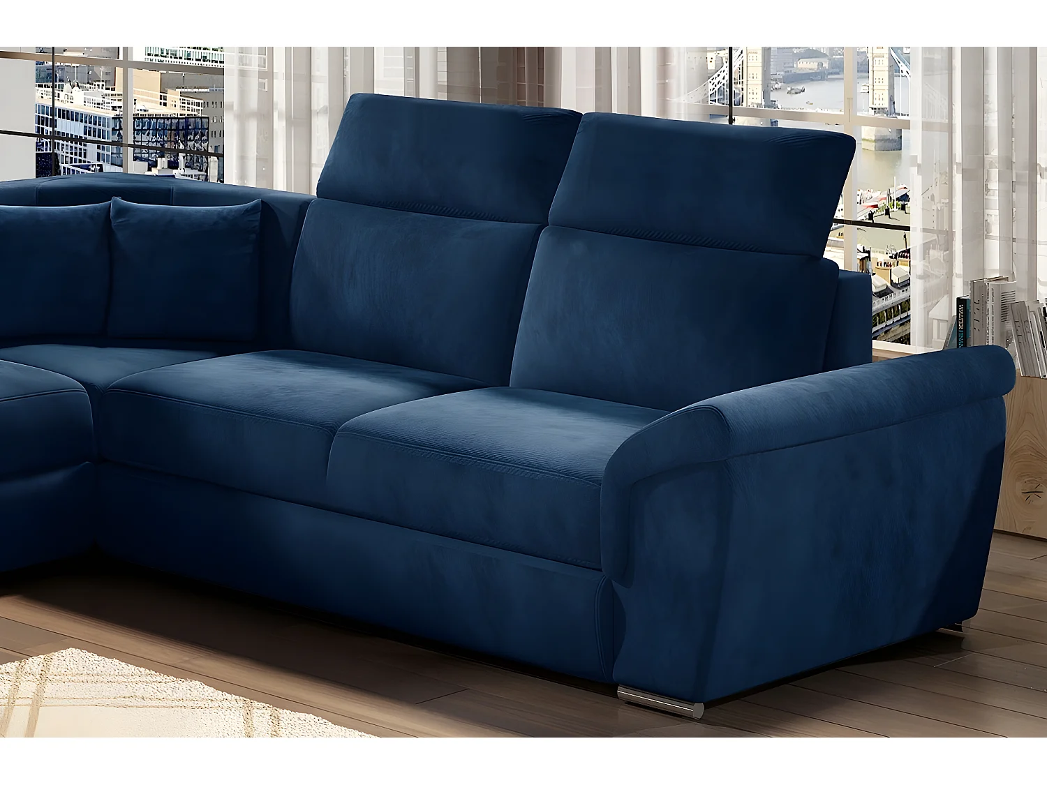 Canapé d'angle convertible - FELIPE VELOURS - en tissu luxe bleu, 5/6 places