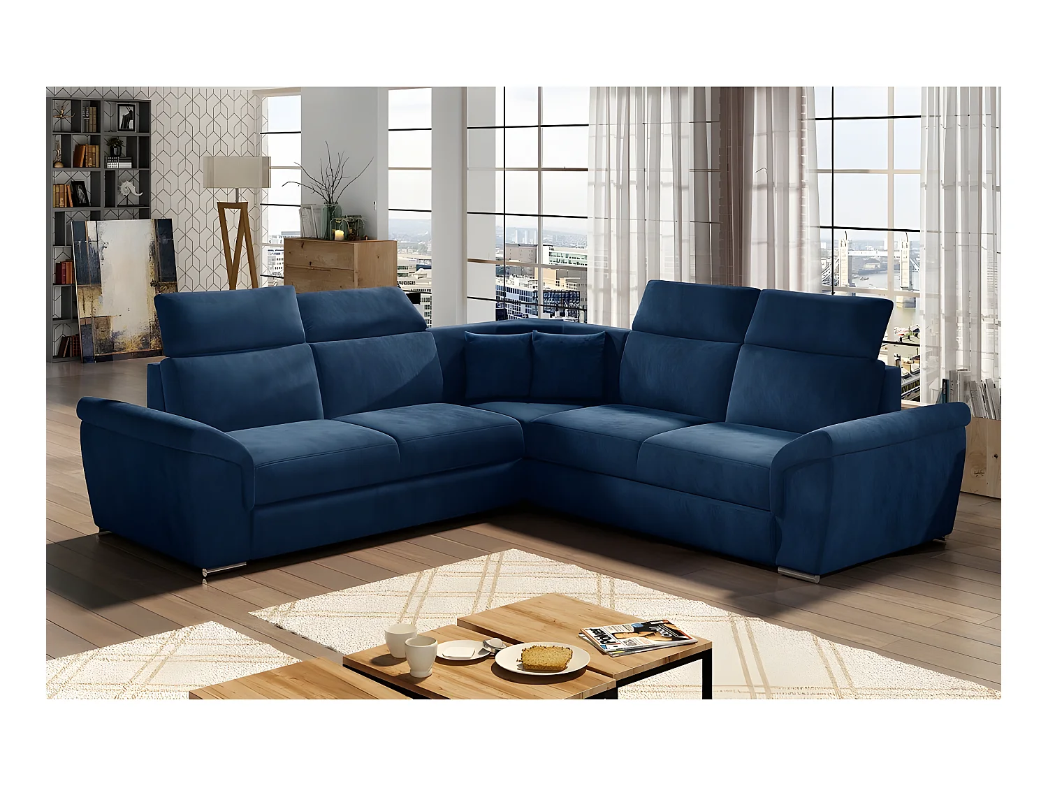 Canapé d'angle convertible - FELIPE VELOURS - en tissu luxe bleu, 5/6 places