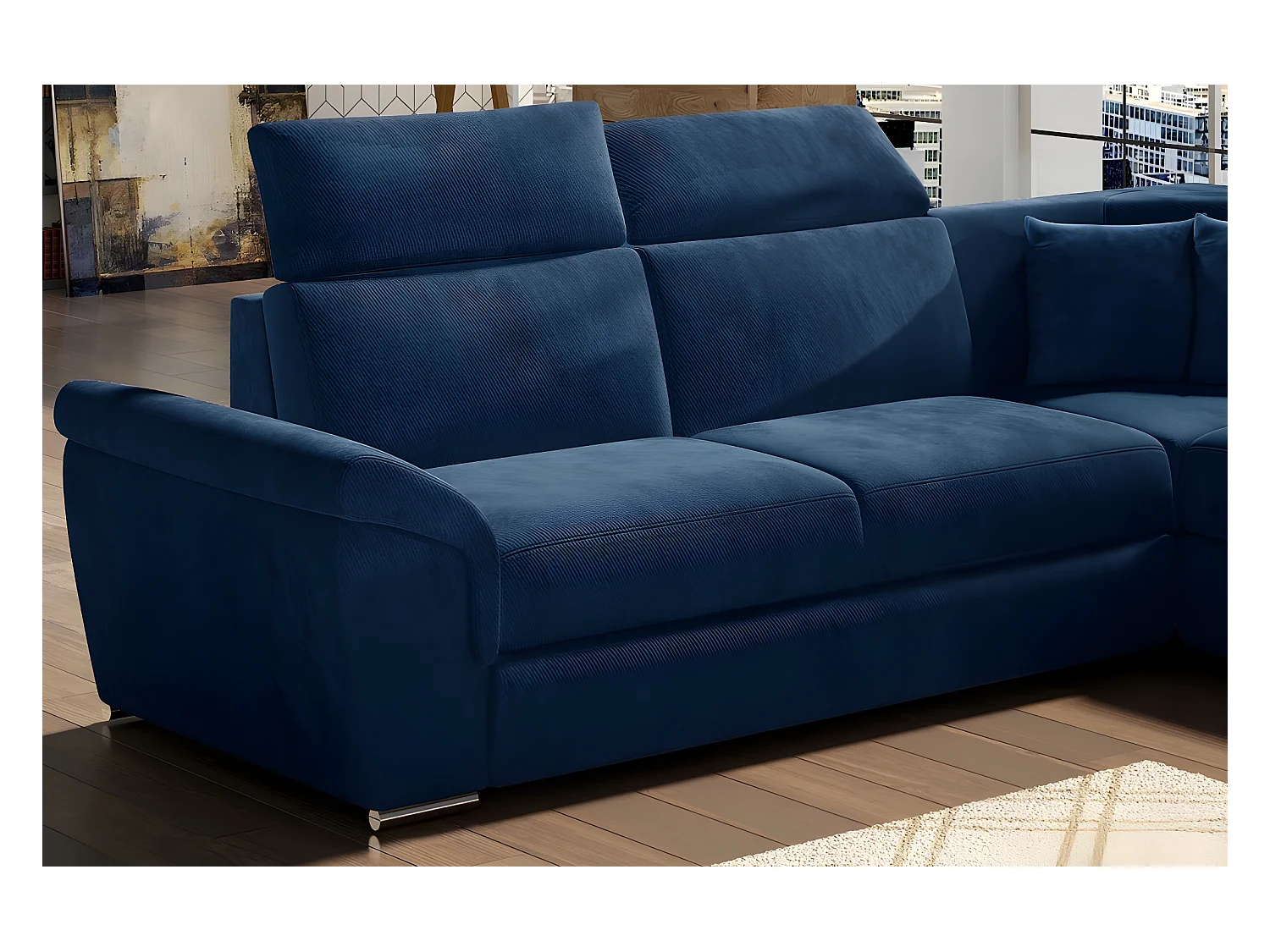 Canapé d'angle convertible - FELIPE VELOURS - en tissu luxe bleu, 5/6 places