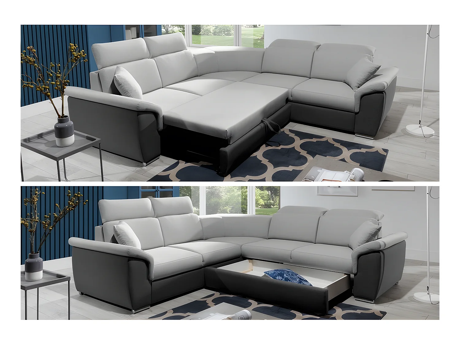 Canapé d'angle convertible - FELIPE VELOURS - en tissu luxe bleu, 5/6 places