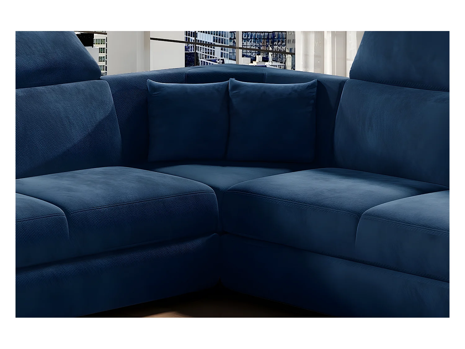 Canapé d'angle convertible - FELIPE VELOURS - en tissu luxe bleu, 5/6 places