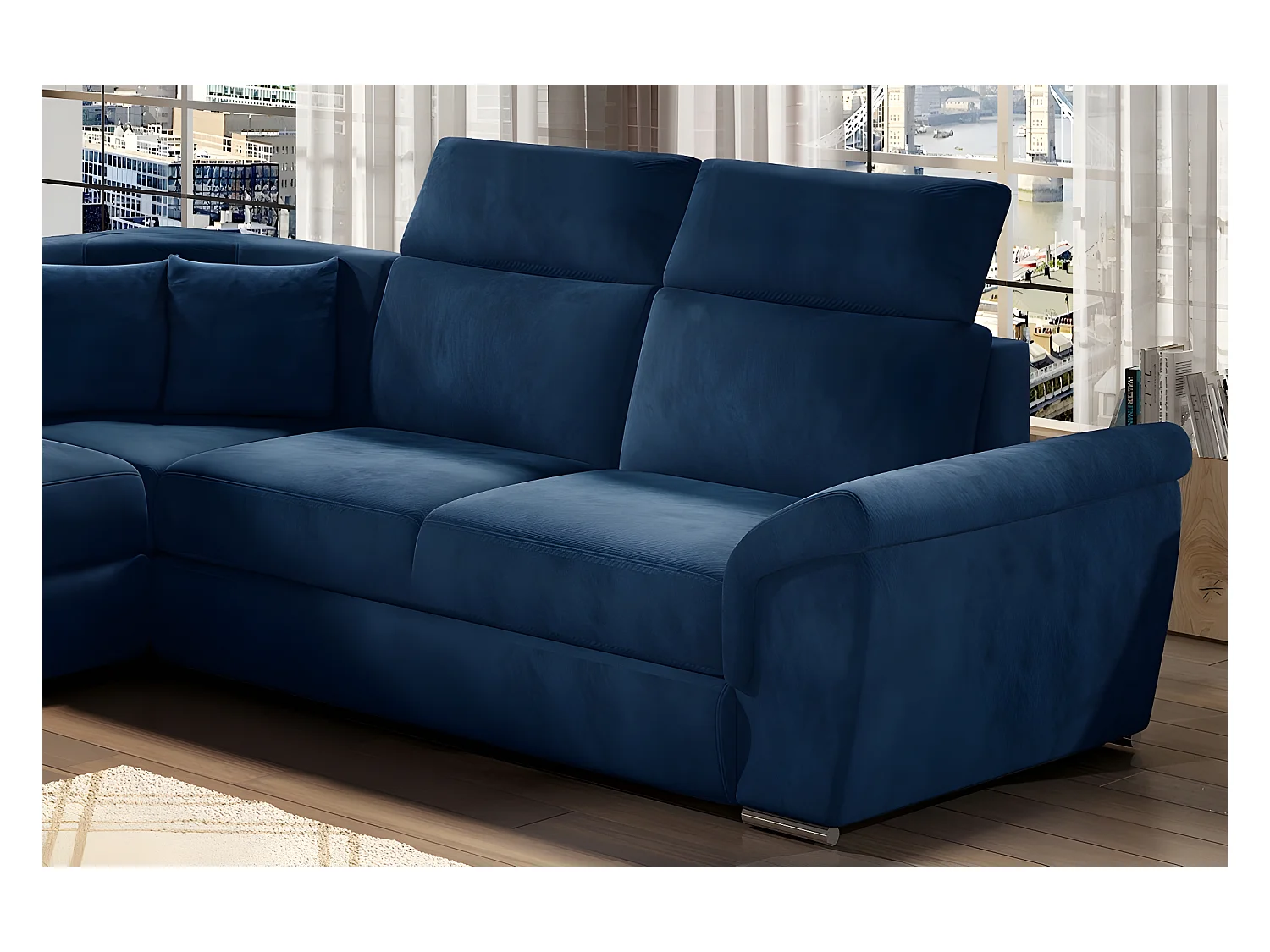 Canapé d'angle convertible - FELIPE VELOURS - en tissu luxe bleu, 5/6 places