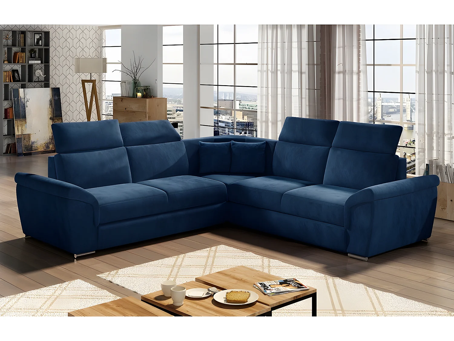 Canapé d'angle convertible - FELIPE VELOURS - en tissu luxe bleu, 5/6 places