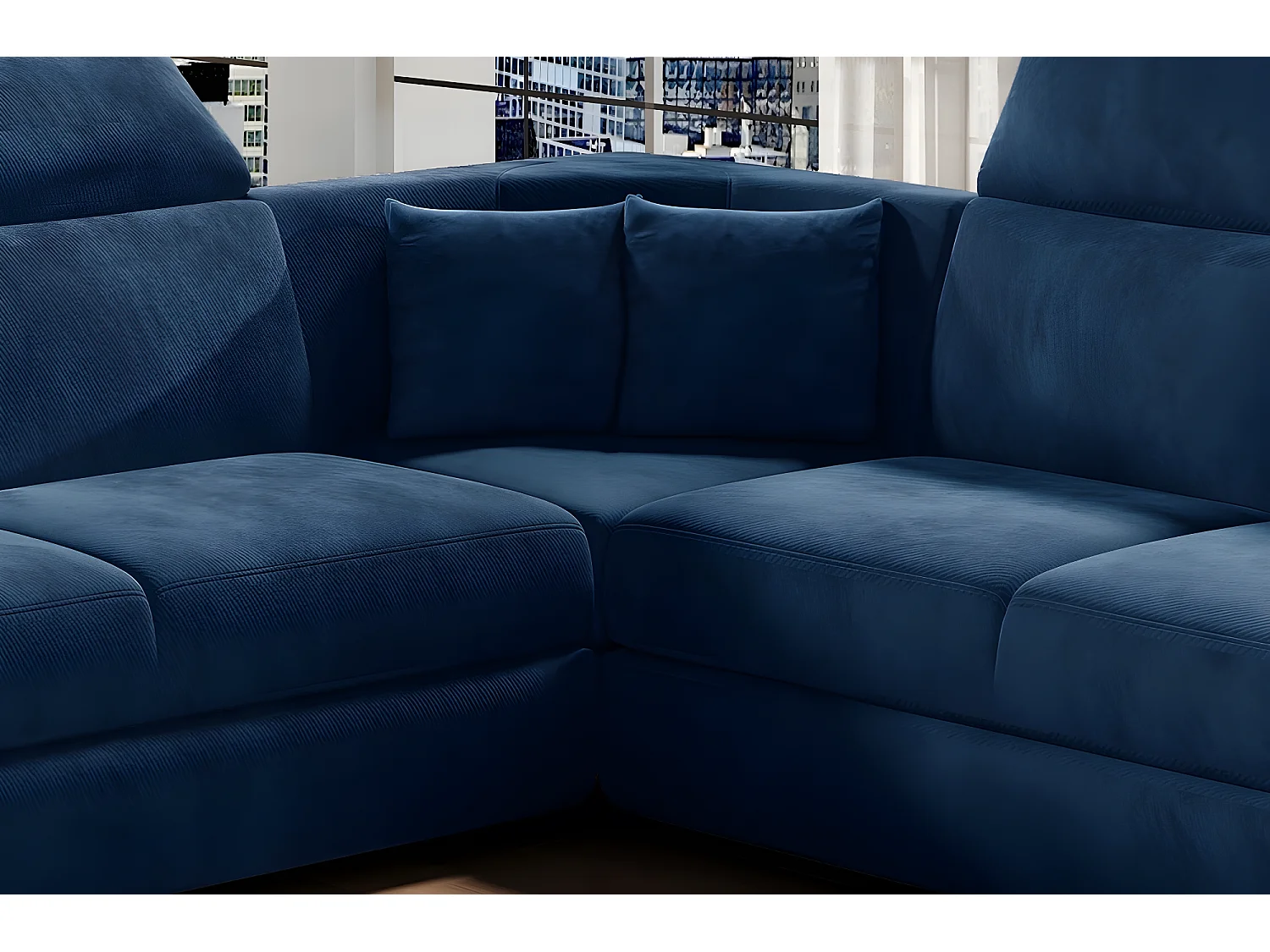 Canapé d'angle convertible - FELIPE VELOURS - en tissu luxe bleu, 5/6 places