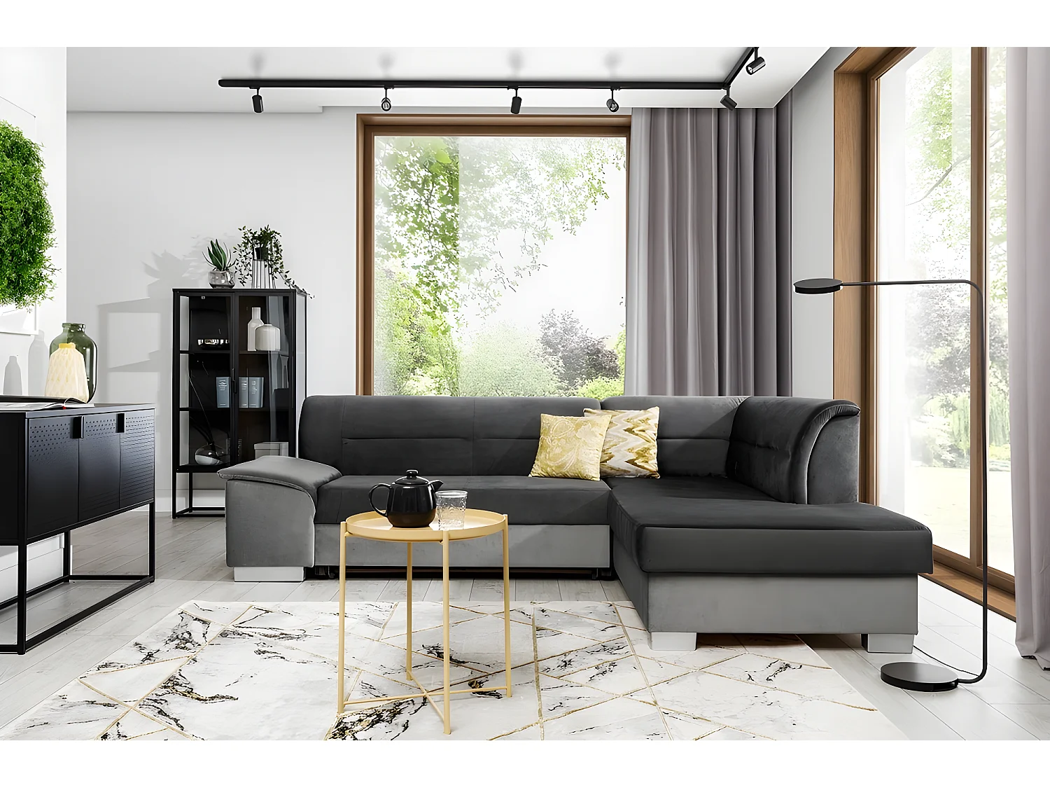 Canapé d'angle convertible en tissu luxe 5 places, avec coffre - gris foncé et gris clair, angle droit (vu de face), VERTU  VELOURS