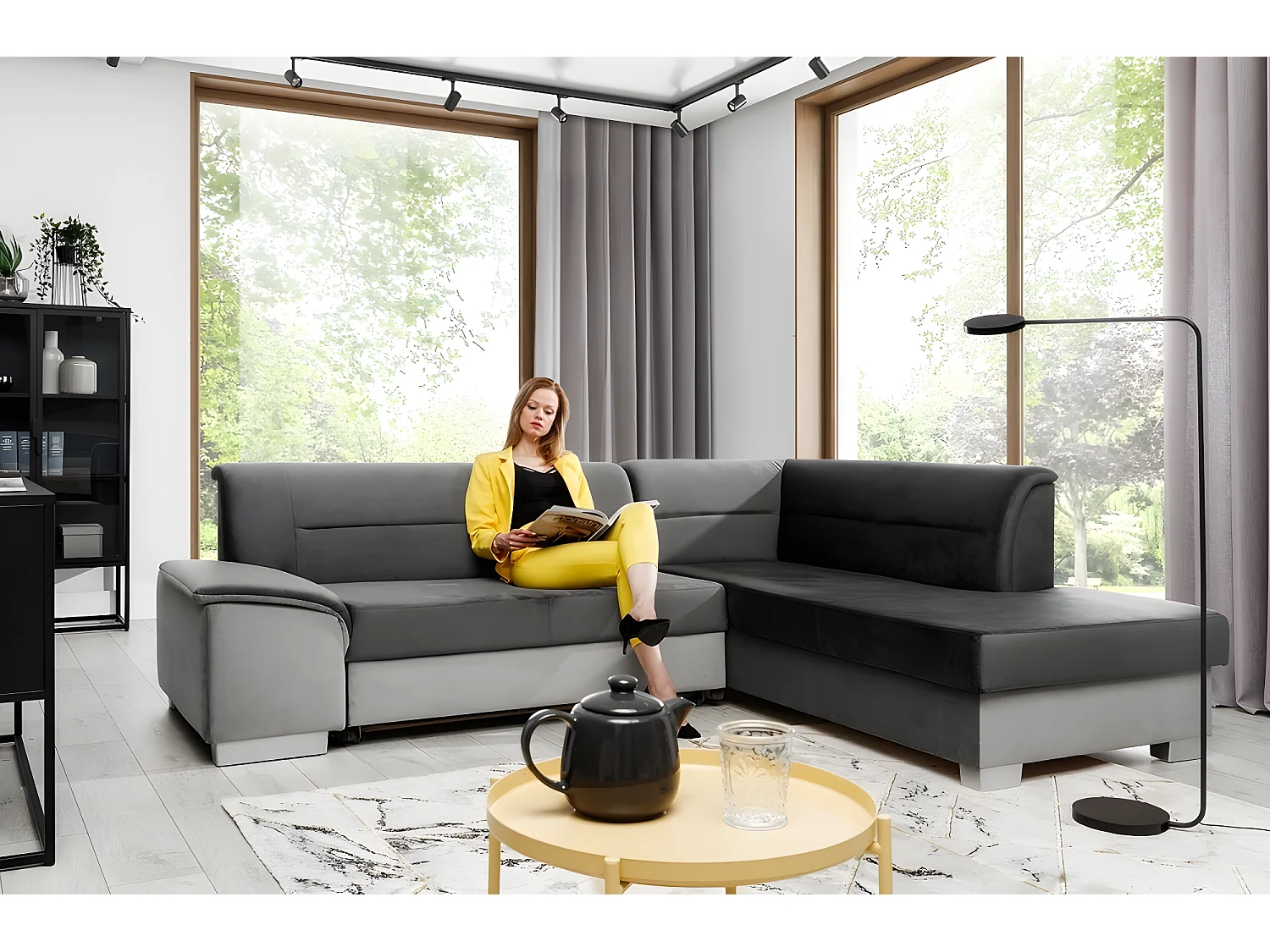 Canapé d'angle convertible en tissu luxe 5 places, avec coffre - gris foncé et gris clair, angle droit (vu de face), VERTU  VELOURS