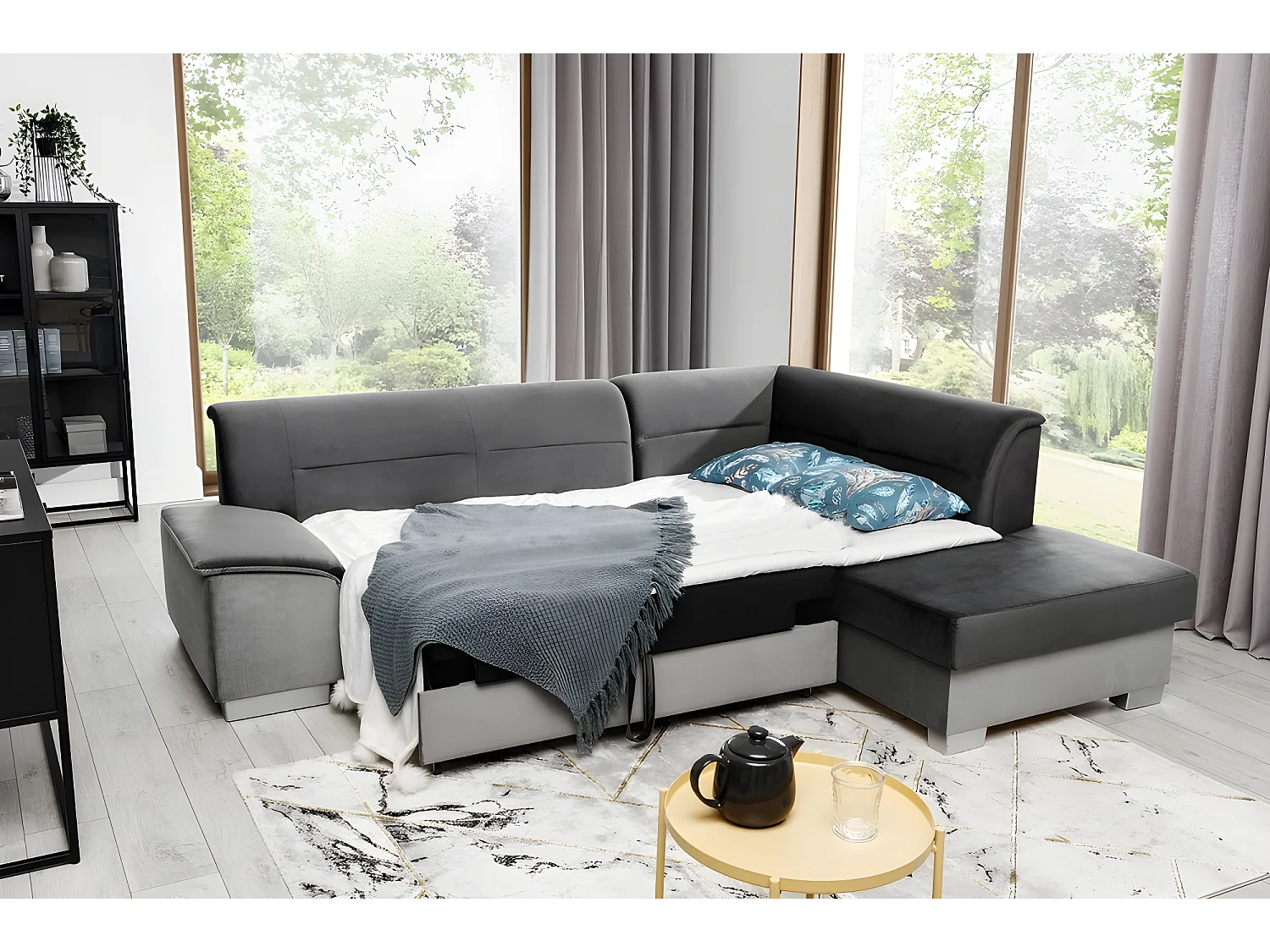 Canapé d'angle convertible en tissu luxe 5 places, avec coffre - gris foncé et gris clair, angle droit (vu de face), VERTU  VELOURS