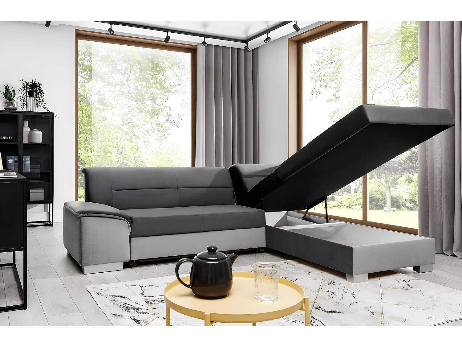 Canapé d'angle convertible en tissu luxe 5 places, avec coffre - gris foncé et gris clair, angle droit (vu de face), VERTU  VELOURS