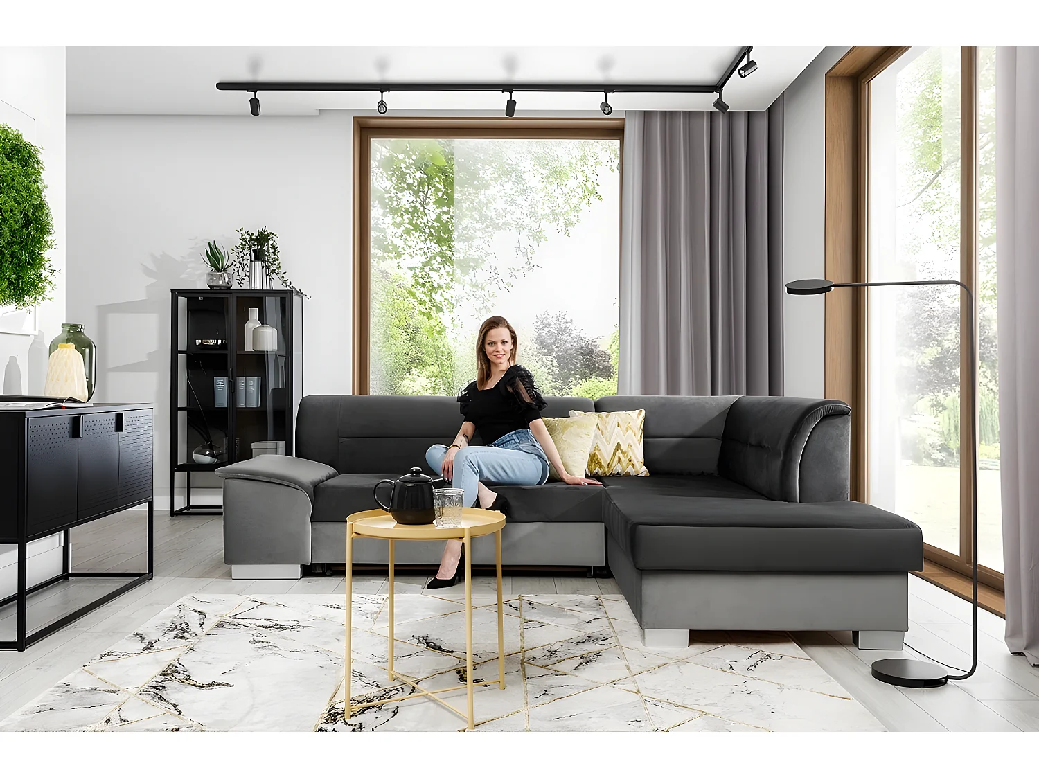Canapé d'angle convertible en tissu luxe 5 places, avec coffre - gris foncé et gris clair, angle droit (vu de face), VERTU  VELOURS